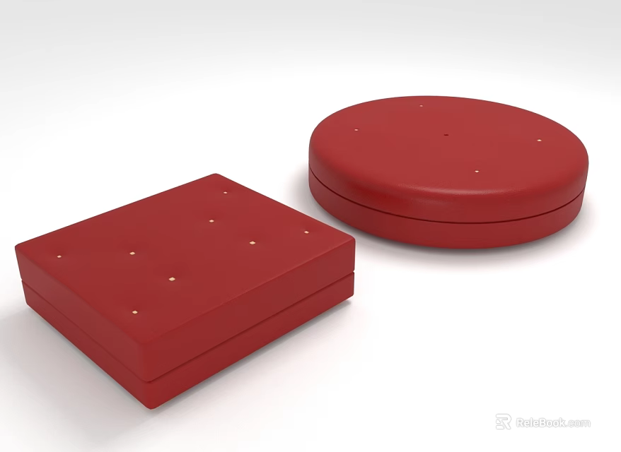 Red Square And Round Tufted Ottoman Stools With Soft Padded Surface 3d model 