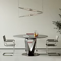 Modern Round Dining Table Set With Chairs Hanging Light And Potted Plant 3d model