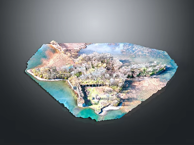Scenic Aerial View of Island with Blue Water Trees and Buildings 3d model
