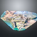 Scenic Aerial View of Island with Blue Water Trees and Buildings