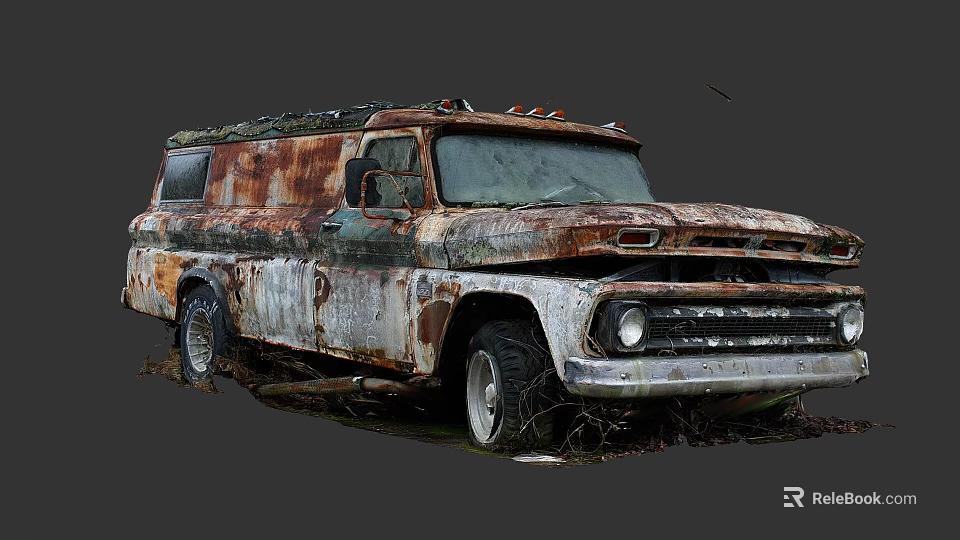 Vintage Rusty Truck With Weathered Body Parked In Overgrown Grass Area 3d model 