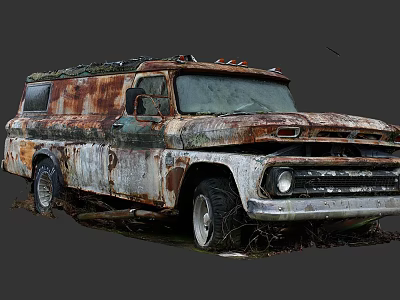 Vintage Rusty Truck With Weathered Body Parked In Overgrown Grass Area 3d model