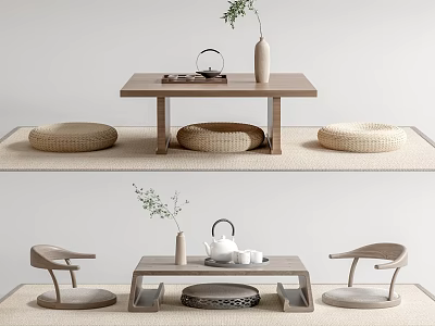 Modern Wooden Tea Table and Chairs with Woven Cushions Green Plant Vase and Tea Set 3d model