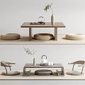 Modern Wooden Tea Table and Chairs with Woven Cushions Green Plant Vase and Tea Set