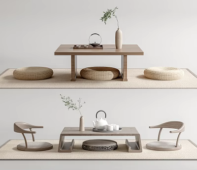 Modern Wooden Tea Table and Chairs with Woven Cushions Green Plant Vase and Tea Set 3d model