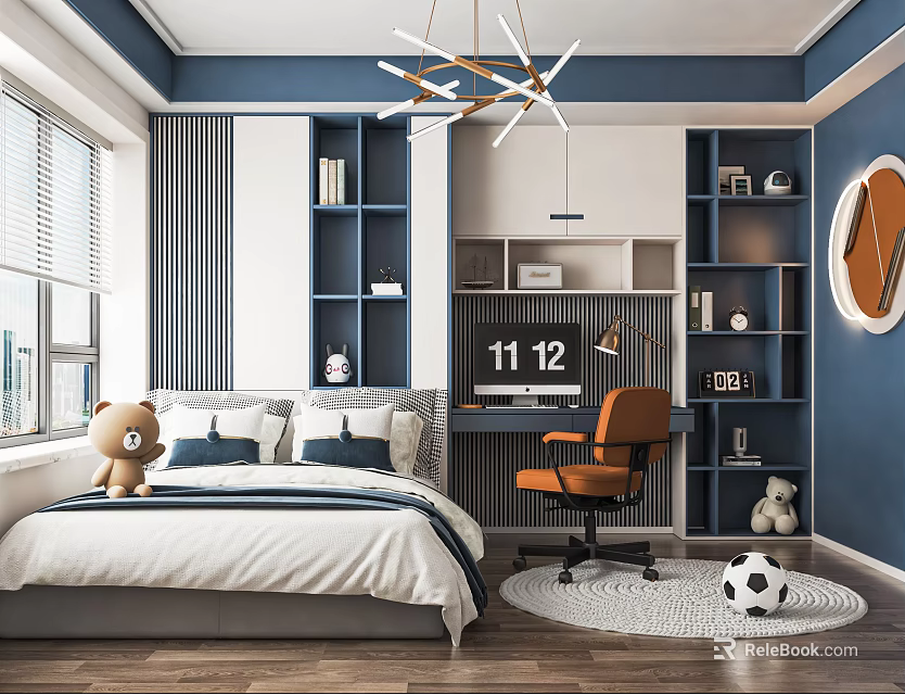 Blue And White Kids Room Interior With Bed Desk Bookshelves Chandelier And Soccer Ball 3d model 