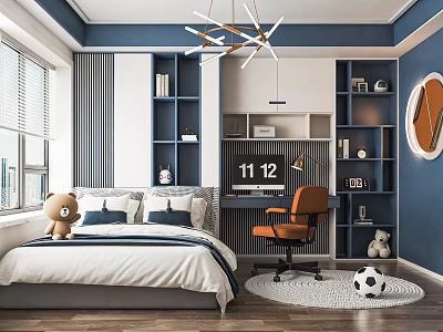 Blue And White Kids Room Interior With Bed Desk Bookshelves Chandelier And Soccer Ball 3d model
