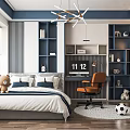 Blue And White Kids Room Interior With Bed Desk Bookshelves Chandelier And Soccer Ball