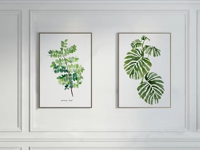 Two Framed Green Leafy Plant Paintings for Minimalist White Wall Decor 3d model