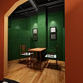 Tea House Interior With Green Walls Wooden Floors Long Table Black Ceiling And Decorative Clock