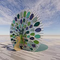 Vibrant Circular Landscape Sculpture With Colorful Green Purple Blue Leaves In Grass Field And Trees