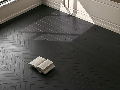 Dark Herringbone Wood Flooring With Natural Sunlight And Open Book Interior 3d model