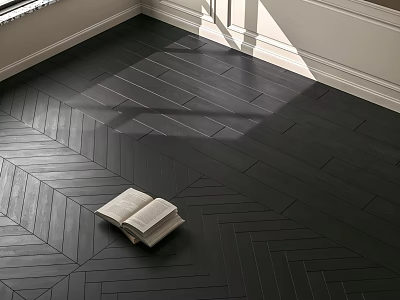 Dark Herringbone Wood Flooring With Natural Sunlight And Open Book Interior 3d model