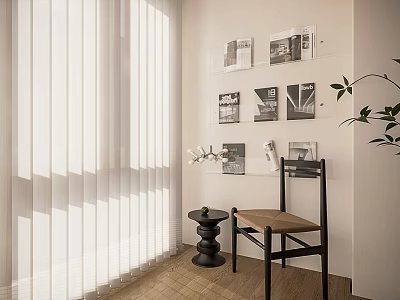 Leisure Chair In Bright Room With Wooden Seat Black Frame Blinds Magazines And Green Plant 3d model