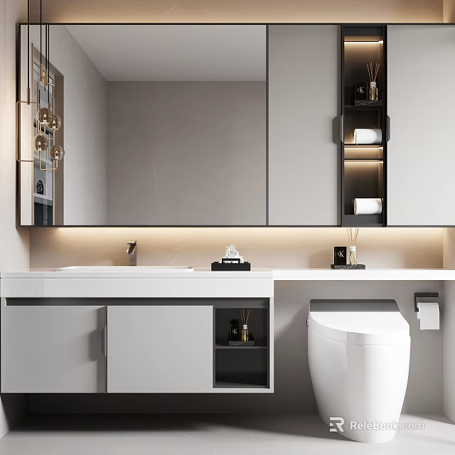 Modern Bathroom Vanity With White Countertop Mirror And Storage Cabinets 3d model 