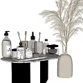 Stylish Bathroom Set with Toiletries Bottles Toothbrushes Cups Marble Countertop and Dried Pampas Grass Decor