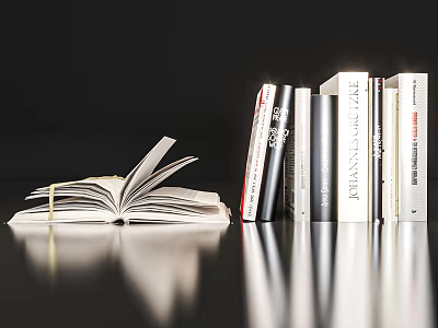 Decorative Ornament Set With Open Book And Standing Books On Black Reflective Tabletop 3d model