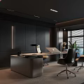 Dark Modern Office Interior With Executive Desk Ergonomic Chairs And Green Plants