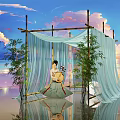 Traditional Themed Photo Spot with Round Decorative Frame Bamboo Fan and Sunset Sea View