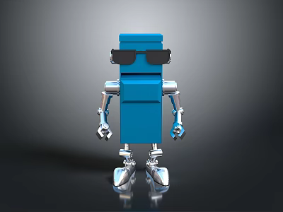 Blue Robot With Sunglasses Silver Mechanical Arms And Legs On Black Background With Reflection 3d model