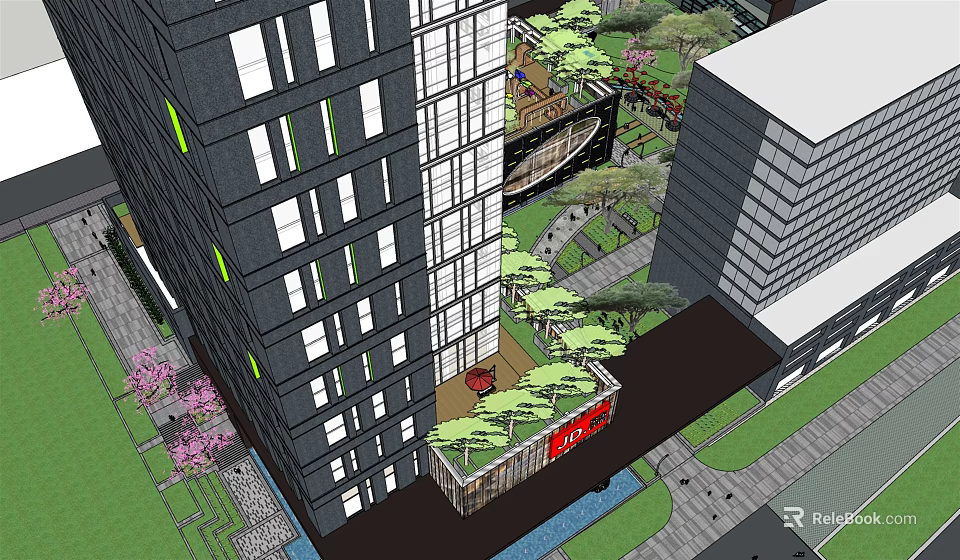 Modern Urban Commercial Landscape Design With Tall Buildings Greenery And Public Walkways 3d model 