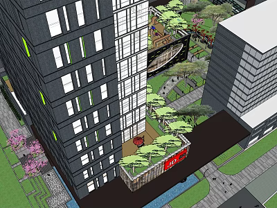 Modern Urban Commercial Landscape Design With Tall Buildings Greenery And Public Walkways 3d model