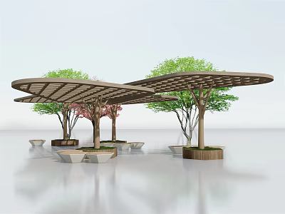 Modern Pergola With Open Grid Design Surrounding Trees Pink Flowers And Stone Planters 3d model
