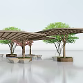 Modern Pergola With Open Grid Design Surrounding Trees Pink Flowers And Stone Planters
