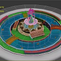 Landscaped Circular Fountain Pool With Bridges Benches And Colored Rings