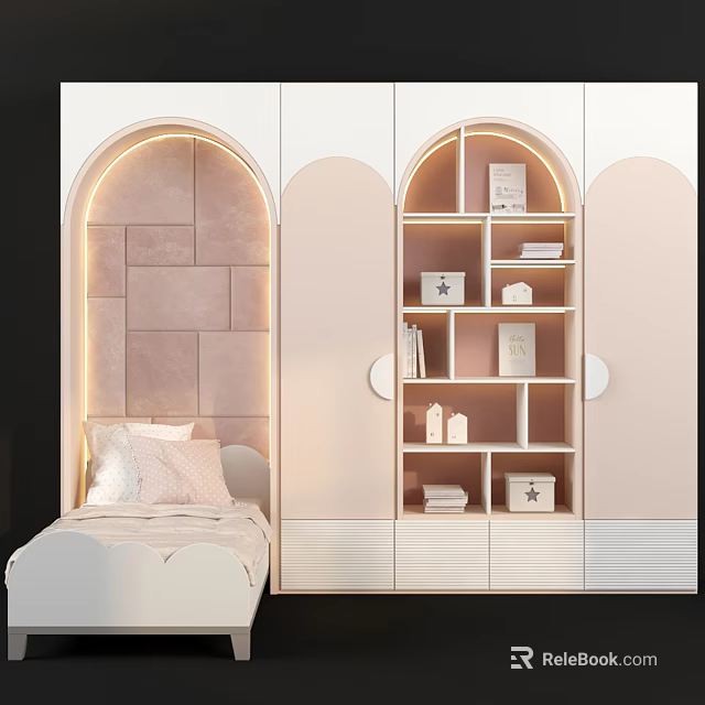 Modern Arched Light Colored Wardrobe Interior Design With Shelves And Soft Lighting 3d model 