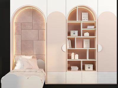 Modern Arched Light Colored Wardrobe Interior Design With Shelves And Soft Lighting 3d model