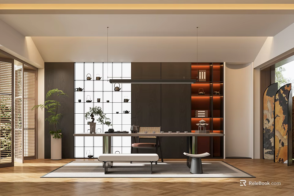 Modern Tea Room Interior With Tea Table Shelves And Plants 3d model