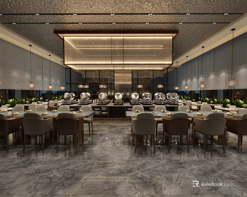 Luxurious Restaurant Interior Design With Elegant Dining Tables And Pendant Lights 3d model