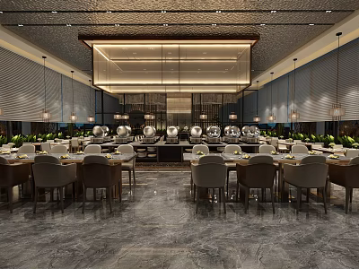 Luxurious Restaurant Interior Design With Elegant Dining Tables And Pendant Lights 3d model