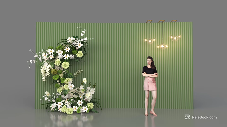 Elegant Floral Installation with Green Vertical Striped Wall White Green Flowers and Decorative Lights 3d model 