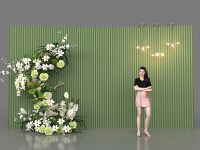 Elegant Floral Installation with Green Vertical Striped Wall White Green Flowers and Decorative Lights 3d model