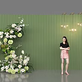 Elegant Floral Installation with Green Vertical Striped Wall White Green Flowers and Decorative Lights