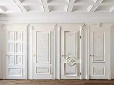 White Hinged Doors with Various Carvings and Designs in Modern Interior with Wooden Floor 3d model