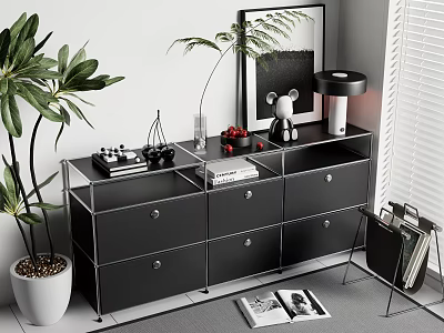 Modern Black Entryway Cabinet Sideboard With Metal Frame Glass Top And Decorative Plants 3d model