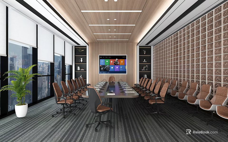 Modern Conference Room Interior With Long Table Chairs Large Screen Windows And Plant 3d model
