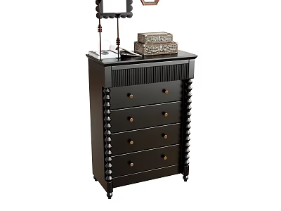 Black Decorative Cabinet Featuring Drawers Gold Knobs Spiral Columns And Top Mirror Boxes 3d model