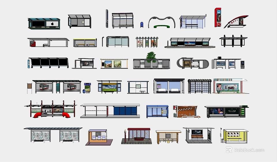 Various Station Designs Including Bus Stop Shelters Platform Structures And Seating Areas 3d model