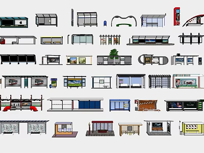 Various Station Designs Including Bus Stop Shelters Platform Structures And Seating Areas 3d model