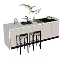 Modern Bar Counter With Light Countertop Black Stools Sink Fresh Ingredients And Potted Plant