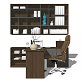 Modern Office Desk With Wall Mounted Shelves Office Chair Printer And Laptop