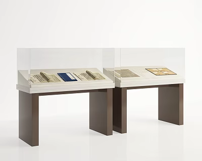 Glass Display Cases With White Countertops Dark Brown Legs And Books In White Background 3d model