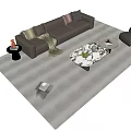 Modern Gray Leather Sofa with Throw Pillows and Marble Coffee Table Set with Accent Chair 3d model