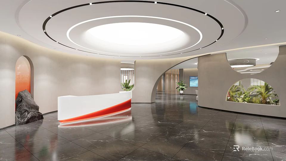 Modern Reception Area Design With Curved Desk Circular Ceiling Light Marble Floor And Green Plants 3d model 