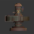 Detailed 3D Model Of Mechanical Device On Circular Wooden Platform With Orange Components