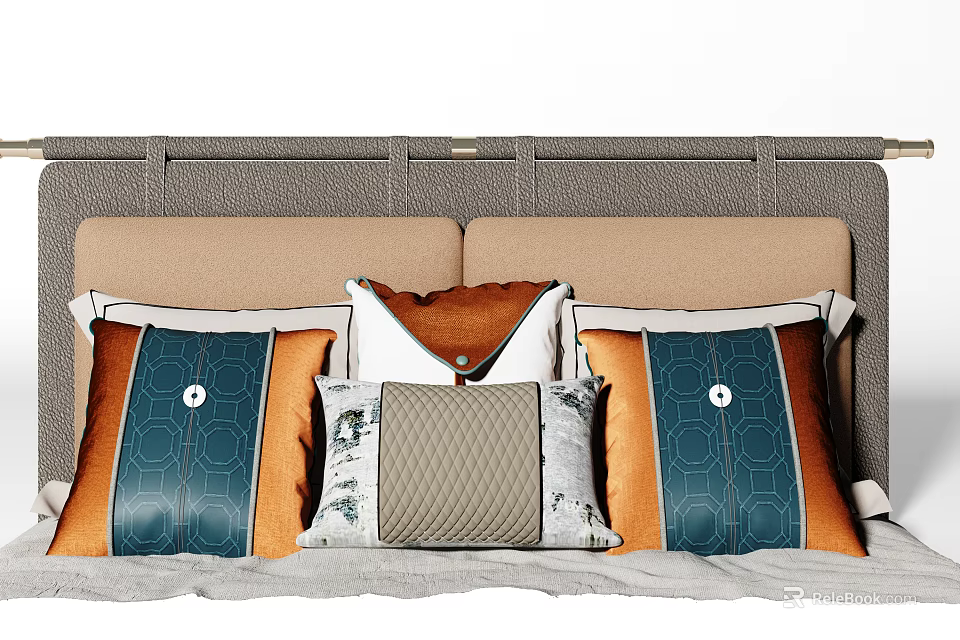 Stylish Decorative Throw Pillows With Blue Orange Beige Geometric Patterns On Bed 3d model 
